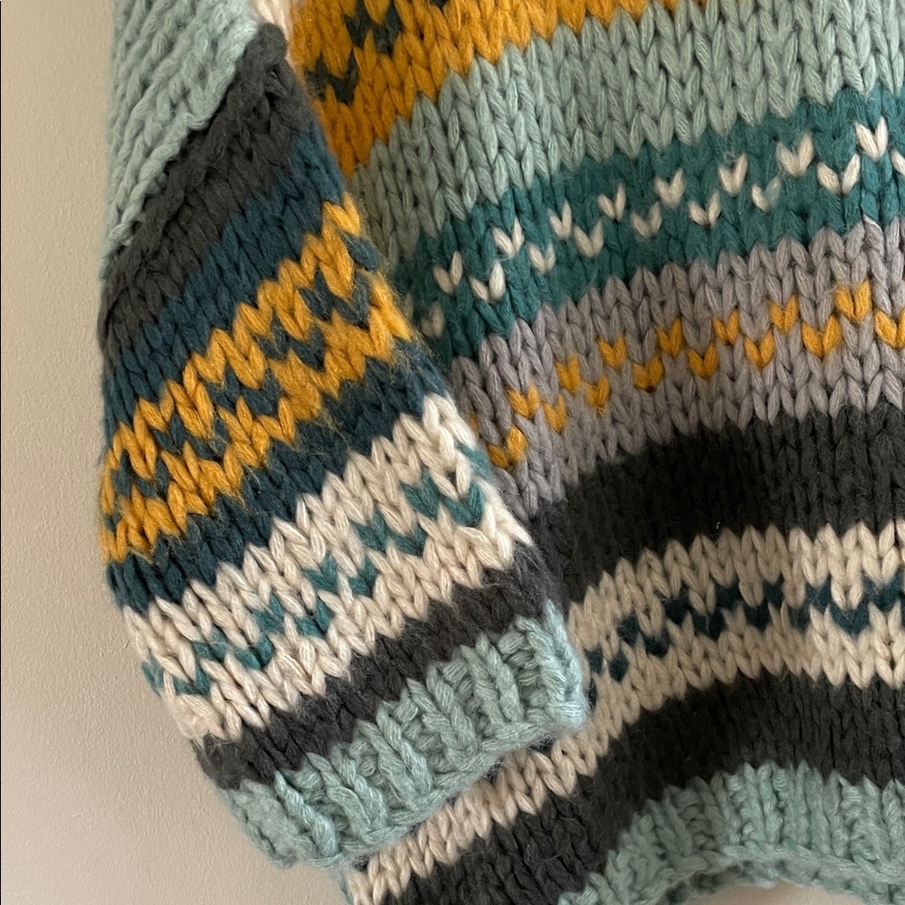 POL Chunky Knit Multicolor Sweater Fair Isle Teal Blue Yellow Stripe - Picture 6 of 9